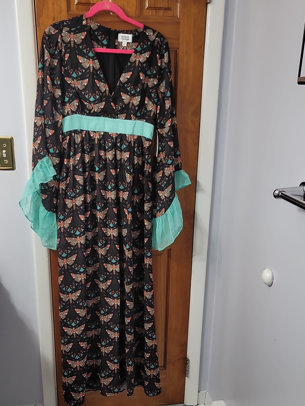 Unique Vintage Maxi Dress with Butterflies Accents